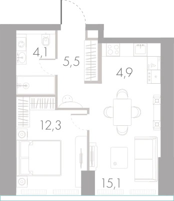 Планировка: 1-комнатная, 41,9 м²