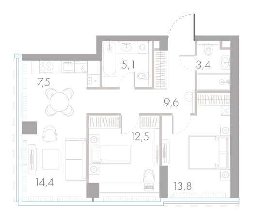 Планировка: 2-комнатная, 66,3 м²