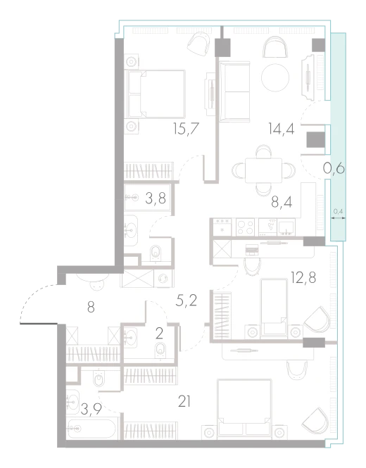 Планировка: 3-комнатная, 95,8 м²
