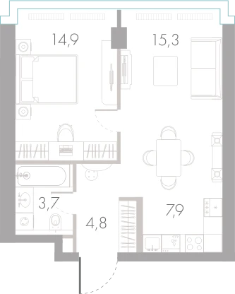 Планировка: 1-комнатная, 46,6 м²