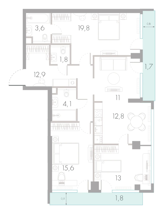 Планировка: 3-комнатная, 98,1 м²
