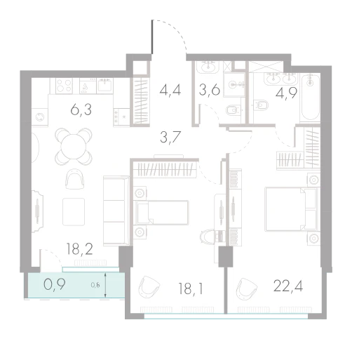 Планировка: 2-комнатная, 82,5 м²