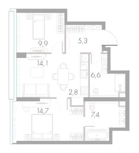Планировка: 2-комнатная, 60,8 м²