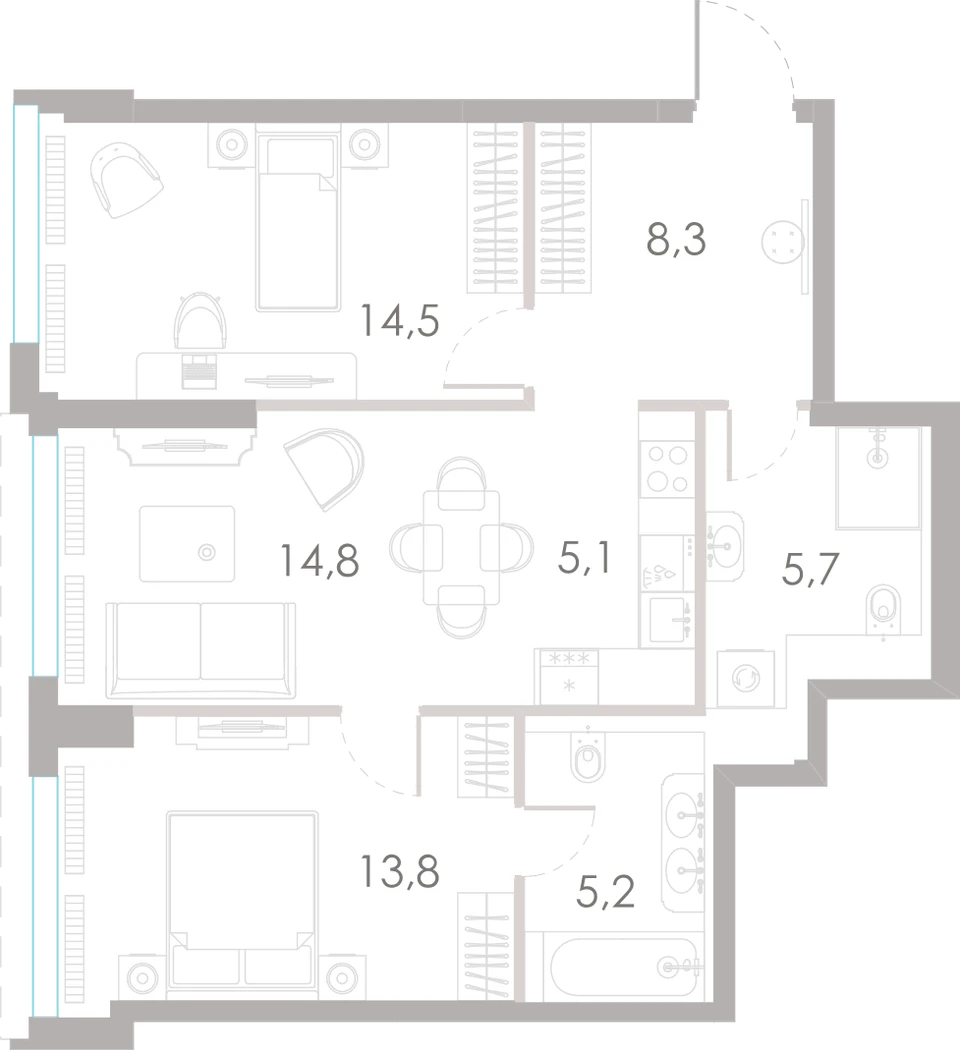 Планировка: 2-комнатная, 67,4 м²