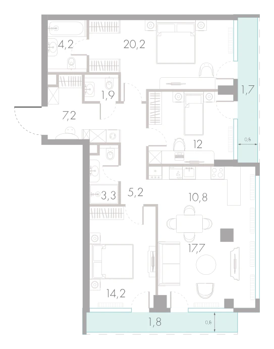 Планировка: 3-комнатная, 100,2 м²