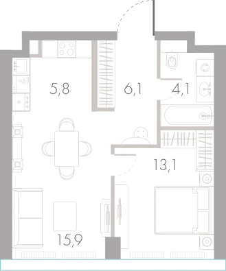 Планировка: 1-комнатная, 45 м²