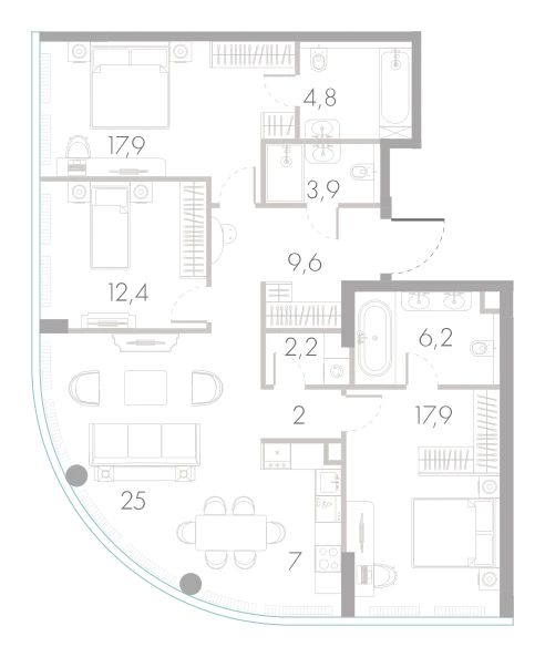 Планировка: 3-комнатная, 108,9 м²