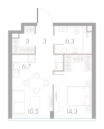 Планировка: 1-комнатная, 43,8 м²