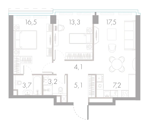 Планировка: 2-комнатная, 70,6 м²