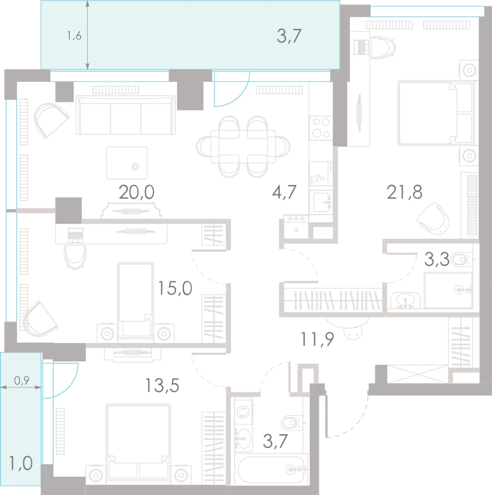 Планировка: 3-комнатная, 98,6 м²