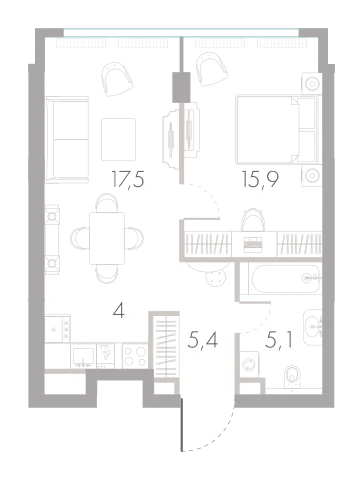 Планировка: 1-комнатная, 47,9 м²