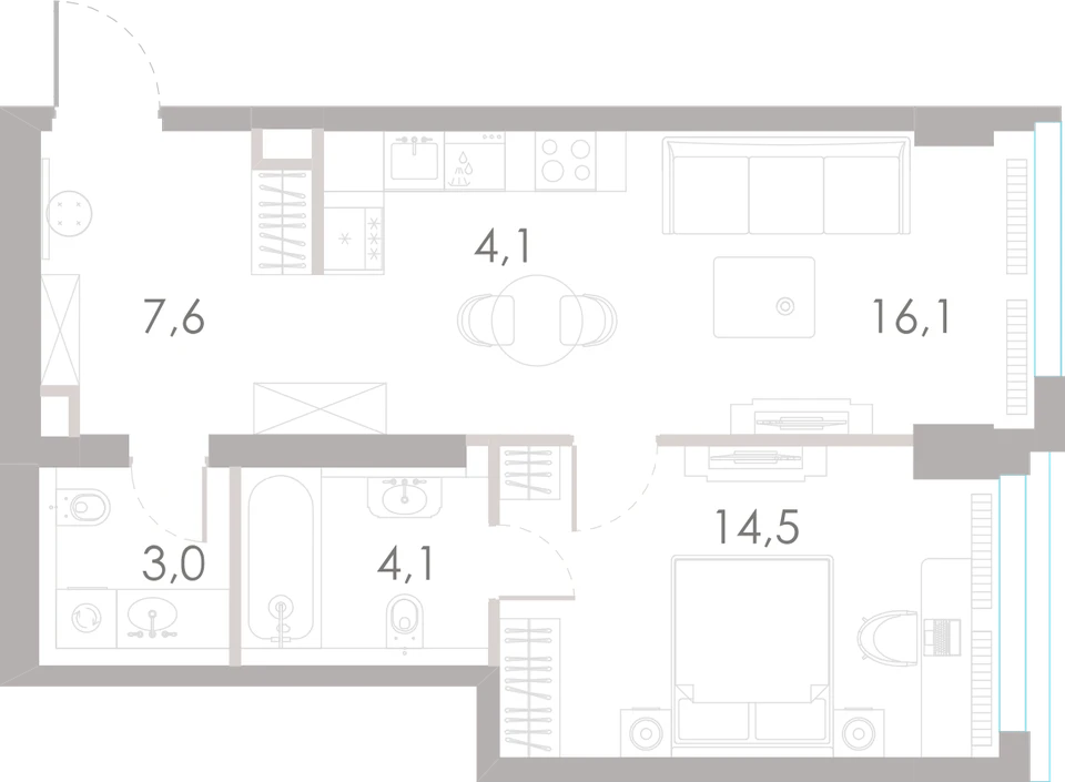 Планировка: 1-комнатная, 49,4 м²