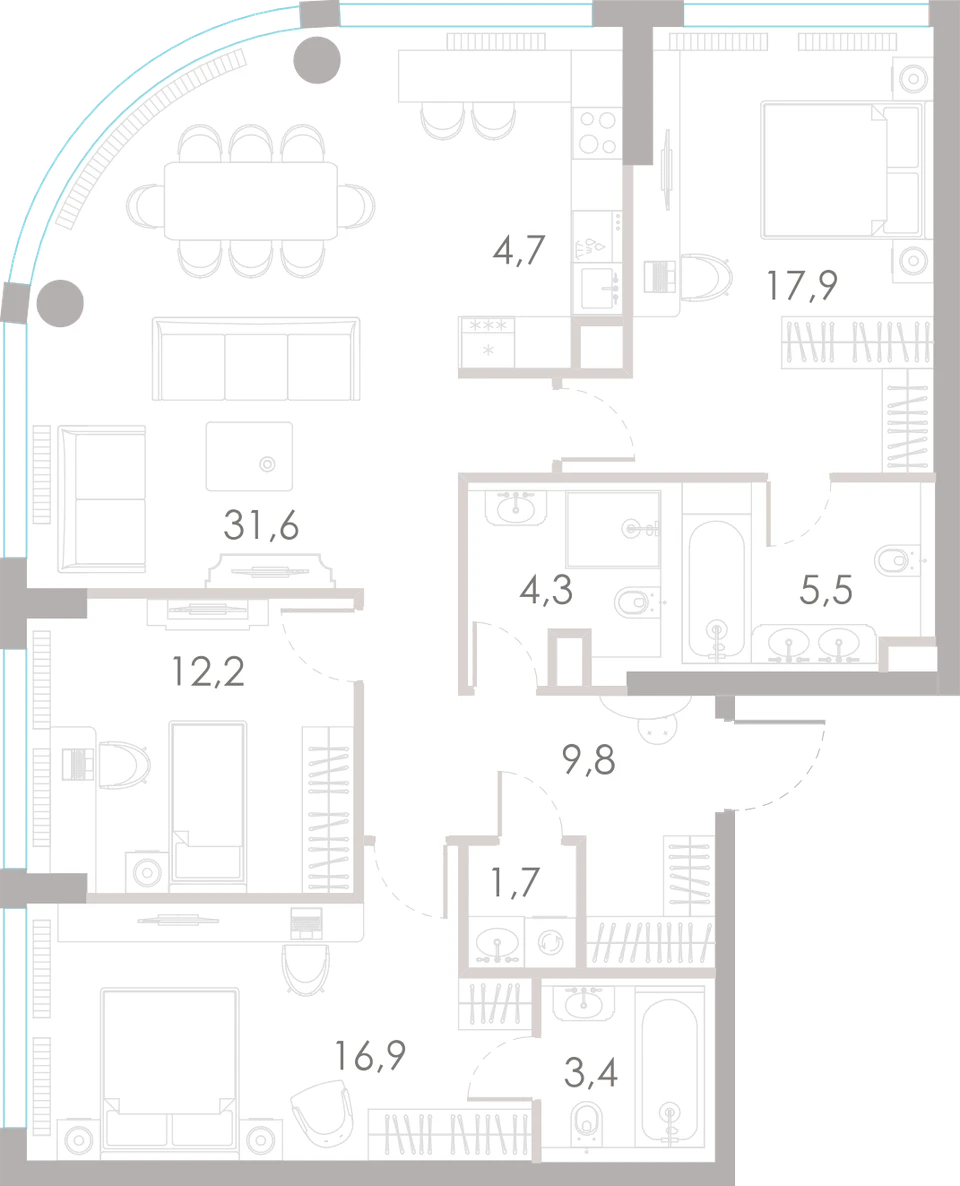Планировка: 3-комнатная, 108 м²
