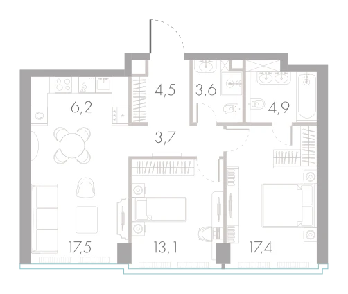 Планировка: 2-комнатная, 70,9 м²
