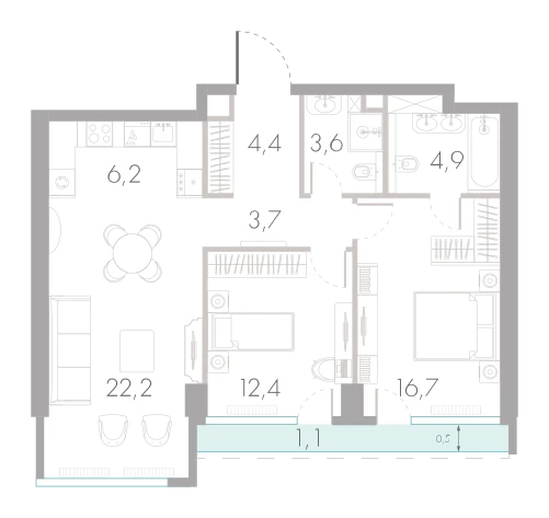 Планировка: 2-комнатная, 75,2 м²