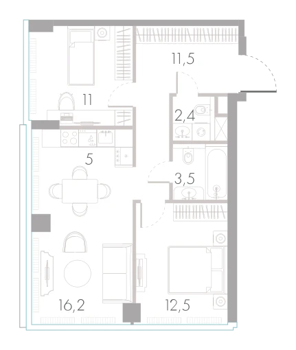 Планировка: 2-комнатная, 62,1 м²