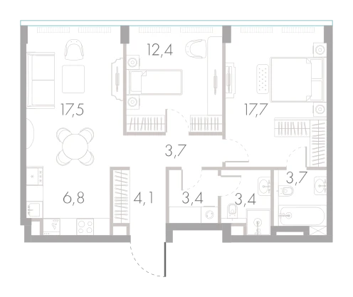 Планировка: 2-комнатная, 72,7 м²