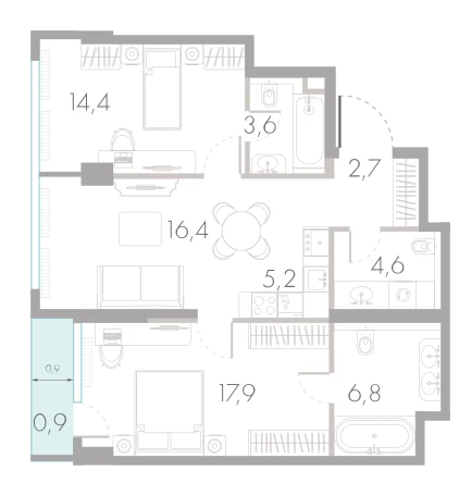 Планировка: 2-комнатная, 72,5 м²