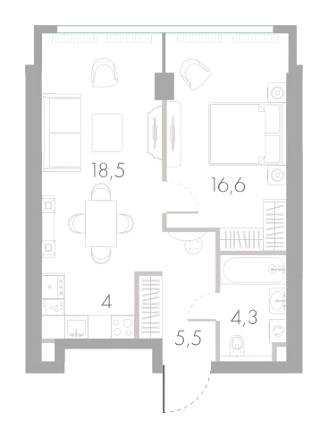 Планировка: 1-комнатная, 48,9 м²
