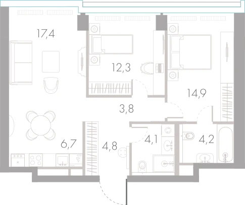 Планировка: 2-комнатная, 68,2 м²