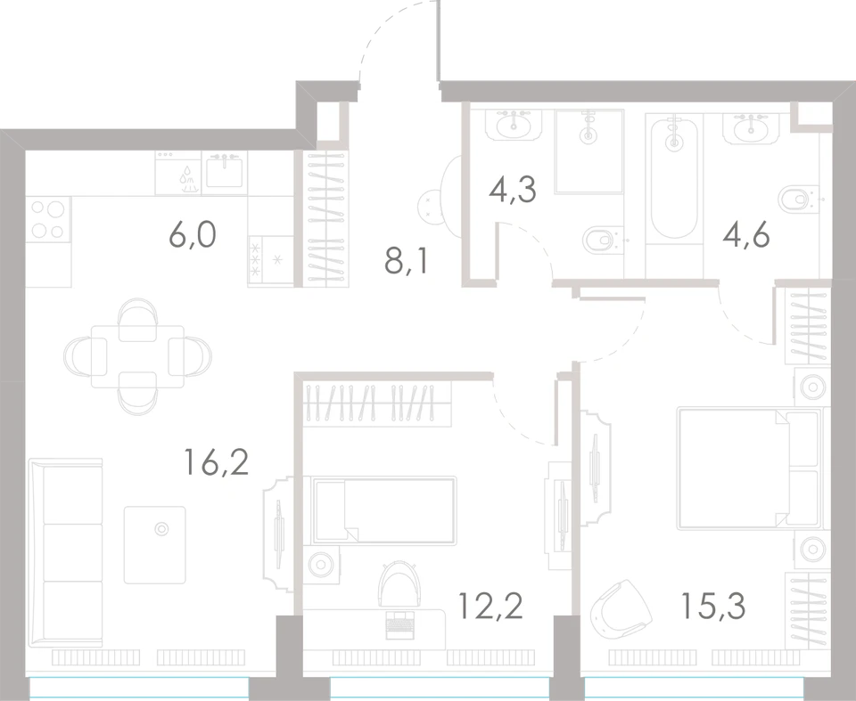 Планировка: 2-комнатная, 66,7 м²