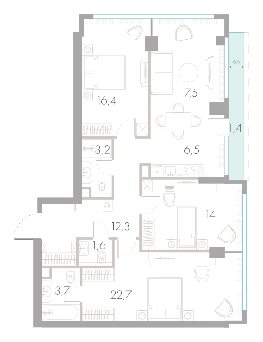 Планировка: 3-комнатная, 99,3 м²