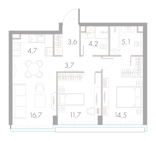 Планировка: 2-комнатная, 64,2 м²