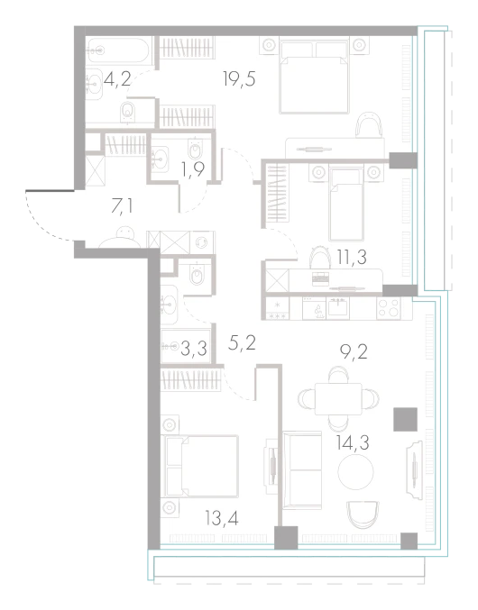 Планировка: 3-комнатная, 89,4 м²