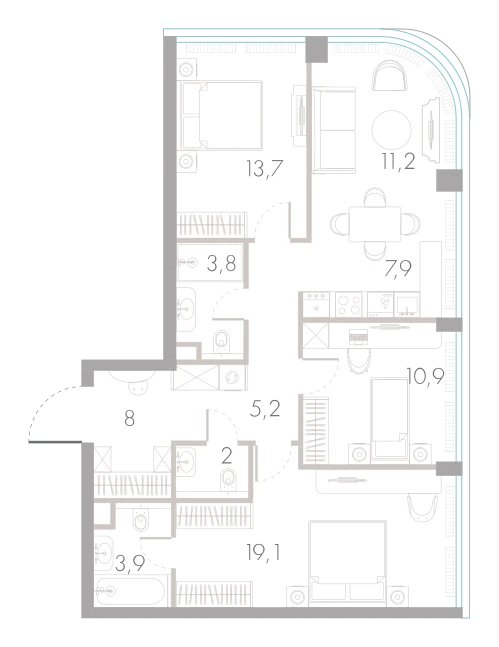 Планировка: 3-комнатная, 85,7 м²