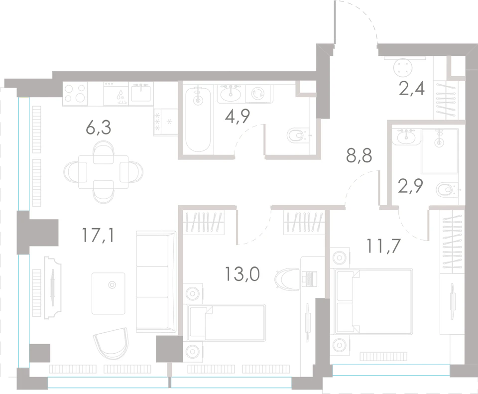 Планировка: 2-комнатная, 67,1 м²