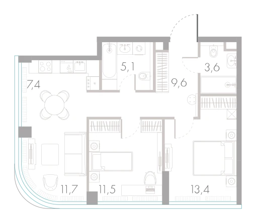 Планировка: 2-комнатная, 62,3 м²