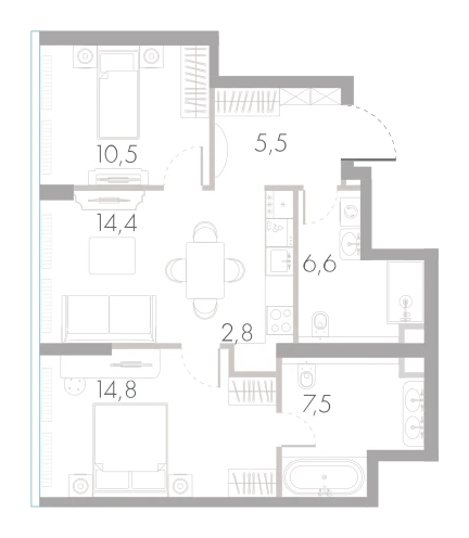 Планировка: 2-комнатная, 62,7 м²