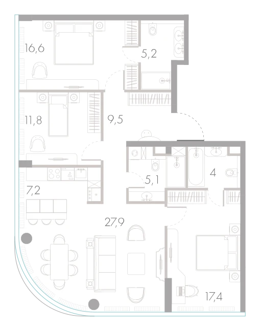 Планировка: 3-комнатная, 104,7 м²