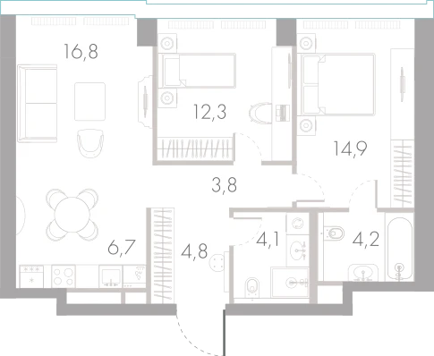 Планировка: 2-комнатная, 67,6 м²