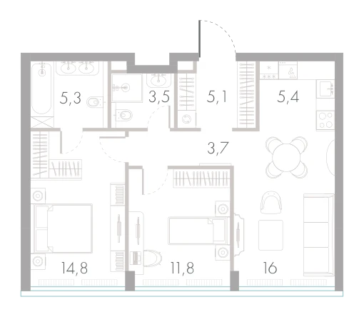 Планировка: 2-комнатная, 65,6 м²