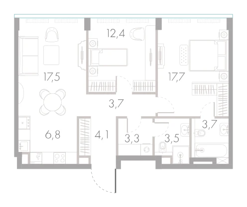 Планировка: 2-комнатная, 72,7 м²