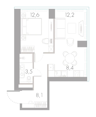 Планировка: 1-комнатная, 44,8 м²