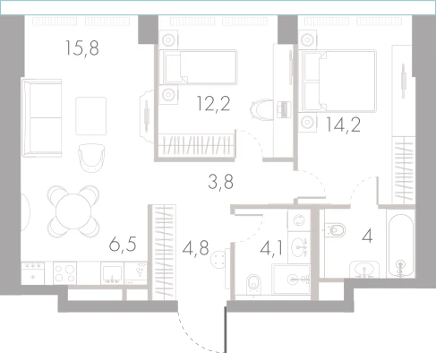 Планировка: 2-комнатная, 65,4 м²