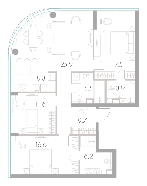 Планировка: 3-комнатная, 105,2 м²