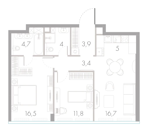 Планировка: 2-комнатная, 66 м²