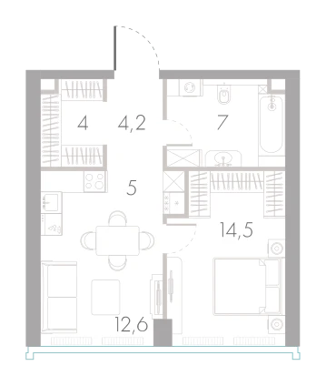 Планировка: 1-комнатная, 47,3 м²