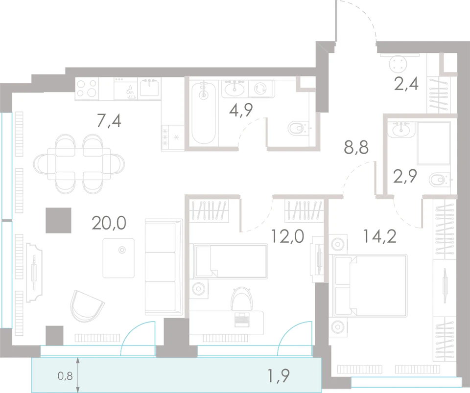 Планировка: 2-комнатная, 74,5 м²