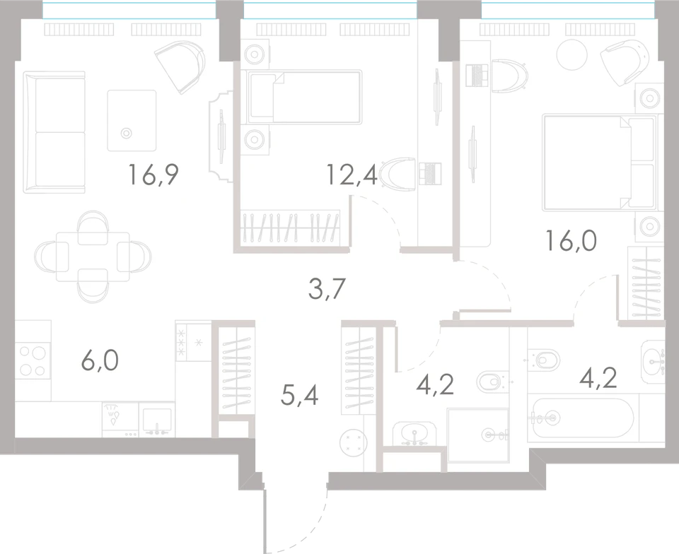 Планировка: 2-комнатная, 68,8 м²