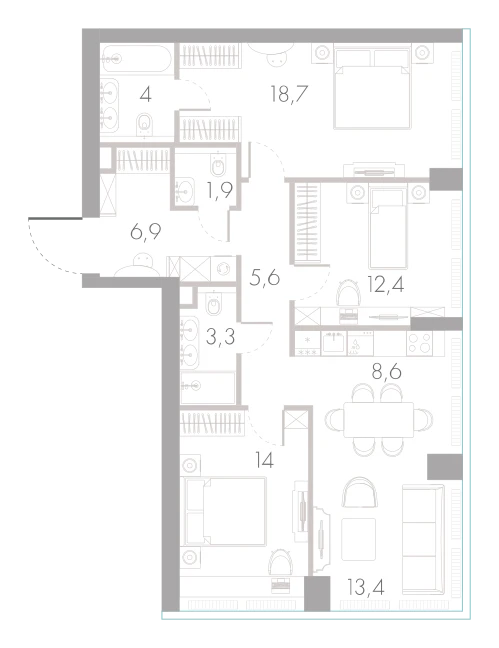 Планировка: 3-комнатная, 88,8 м²