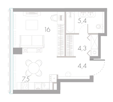 Планировка: Студия, 37,6 м²