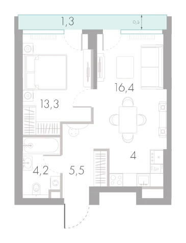 Планировка: 1-комнатная, 44,7 м²