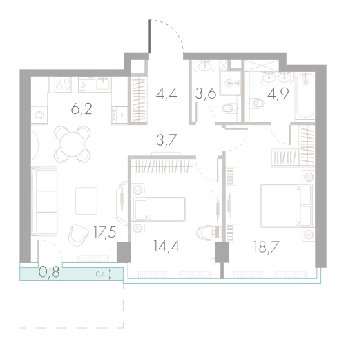 Планировка: 2-комнатная, 74,2 м²