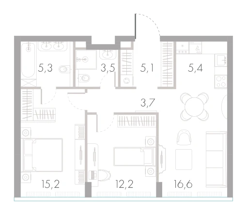 Планировка: 2-комнатная, 67 м²