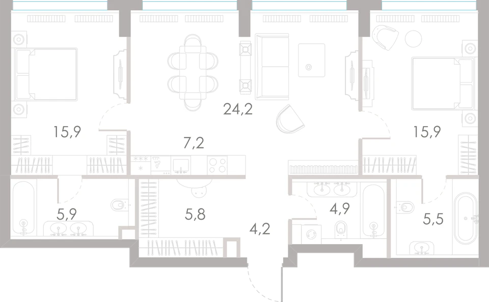 Планировка: 2-комнатная, 89,5 м²