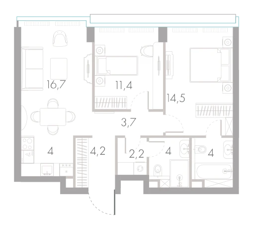 Планировка: 2-комнатная, 64,7 м²